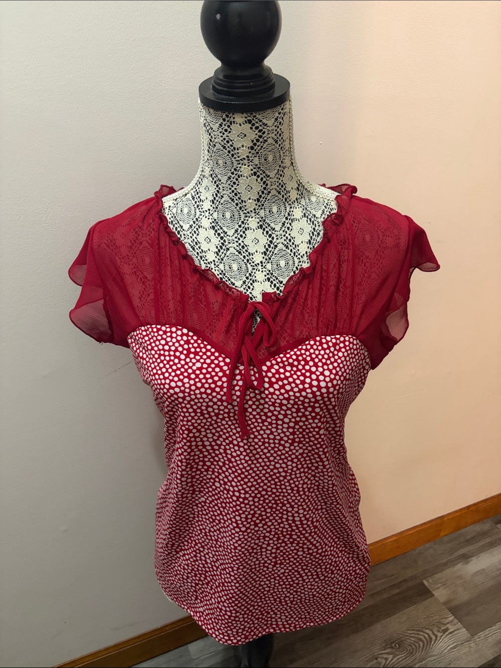 Red Polka Dot Lace-Trim Camisole with Tie Neck